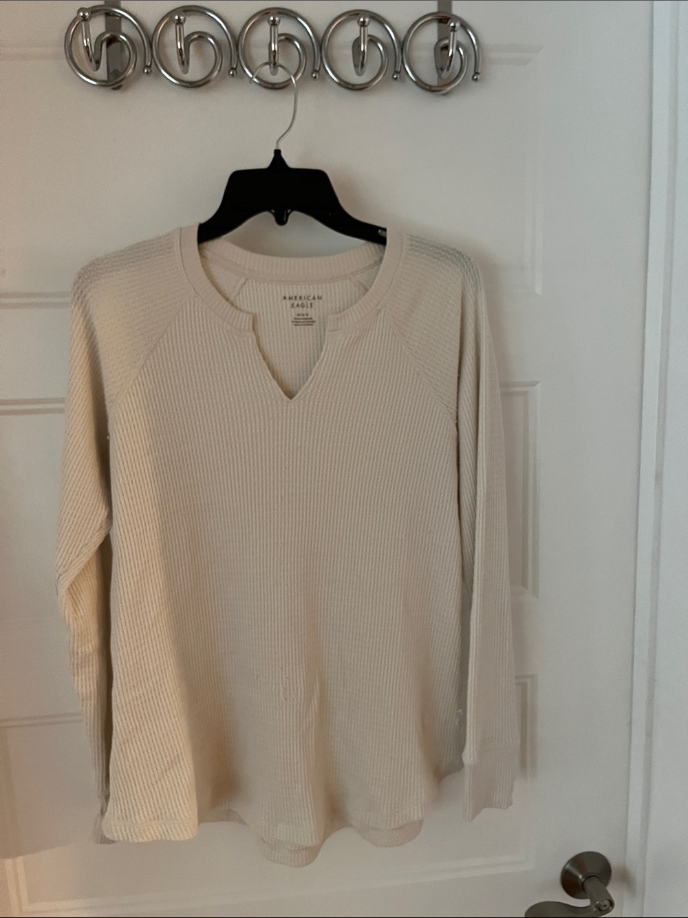 American Eagle Cream Waffle-Knit Notch Neck Top